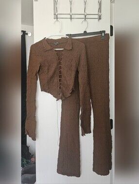 Fashion Nova Brown Crinkle Lace-Up Top & Pants Set